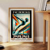 Dynamic swimmer in action, representing the 2024 Paris Olympics, with blue and white tones - beside a round wooden side table with books