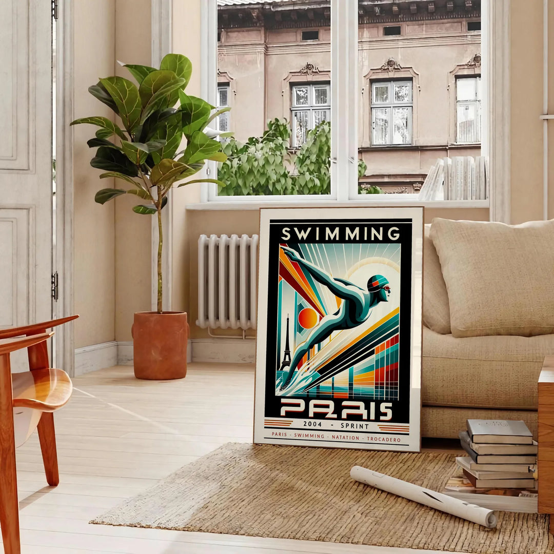Dynamic swimmer in action, representing the 2024 Paris Olympics, with blue and white tones - in a Parisian living room with a sofa and a fig plant