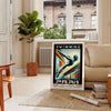 Dynamic swimmer in action, representing the 2024 Paris Olympics, with blue and white tones - in a Parisian living room with a sofa and a fig plant