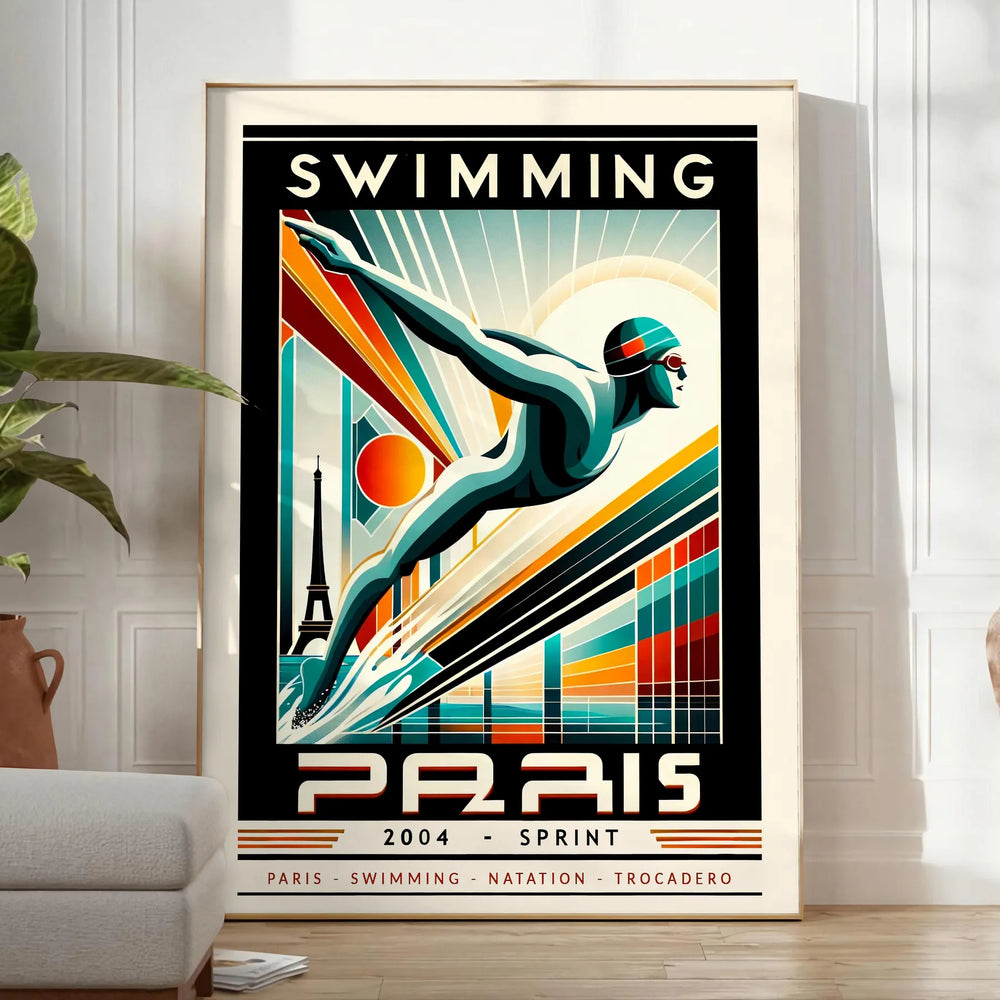 Dynamic swimmer in action, representing the 2024 Paris Olympics, with blue and white tones
