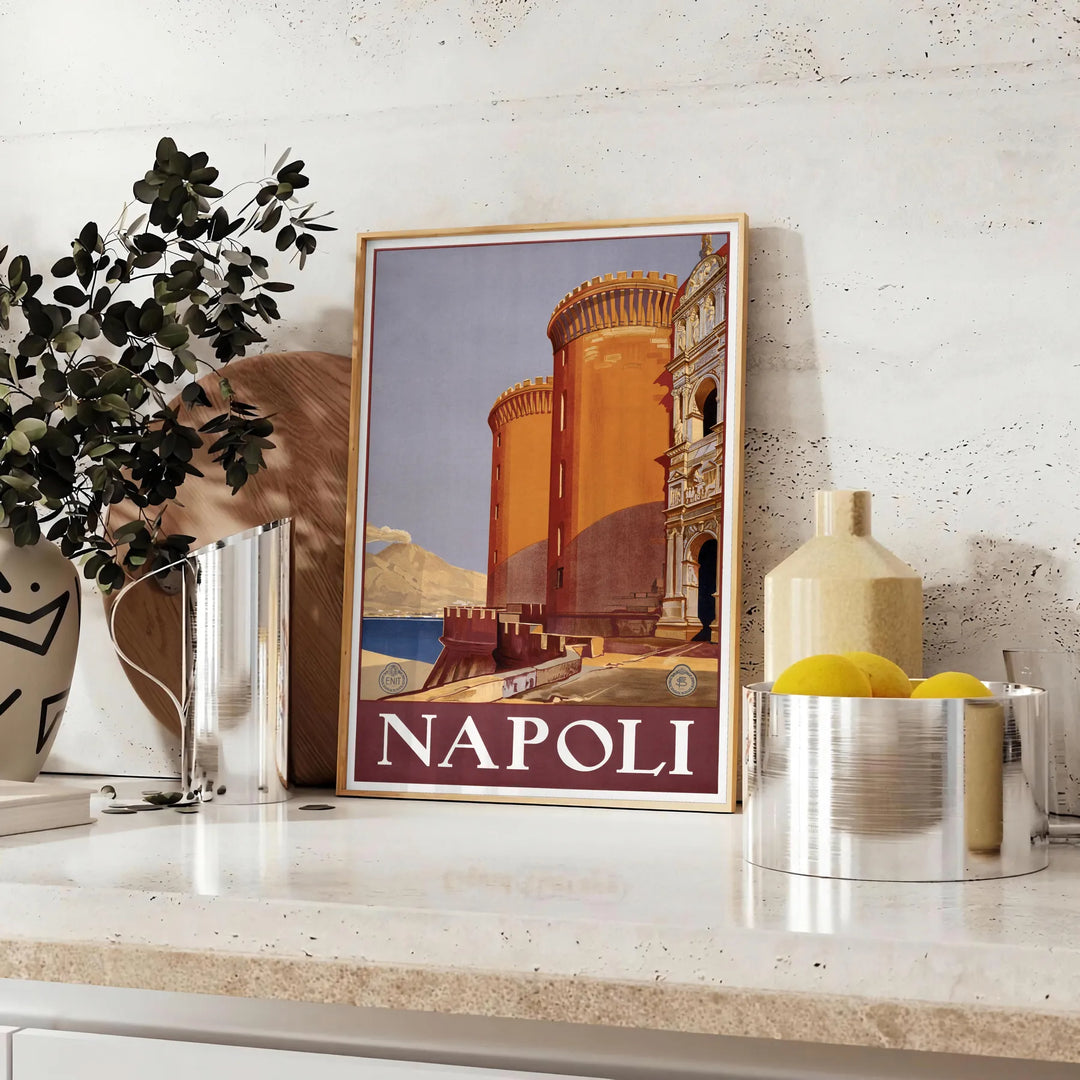 Illustration of Napoli with green and black tones, showcasing the city's charm - styled on a counter with eucalyptus and a bowl of lemons