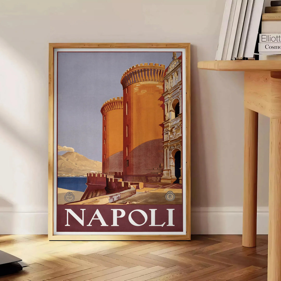 Illustration of Napoli with green and black tones, showcasing the city's charm - beside a round wooden side table with books