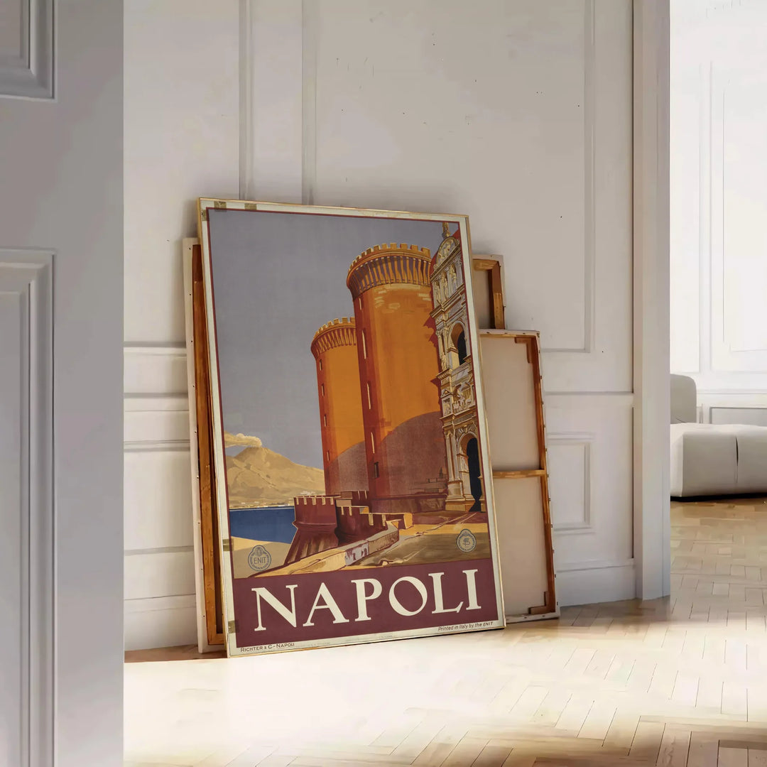 Illustration of Napoli with green and orange colors, featuring iconic landmarks - leaning on a herringbone floor against a white panelled wall