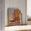 Illustration of Napoli with green and orange colors, featuring iconic landmarks - leaning on a herringbone floor against a white panelled wall