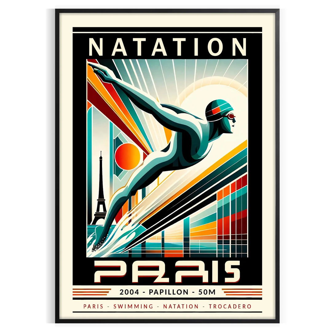 Red and white stylized butterfly stroke swimmer poster for 50 meters