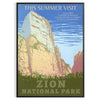 A serene landscape featuring lush green trees and earthy brown mountains in a national park. - in a black frame