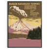 Illustration of a national park with mountains and trees in muted colors - in a black frame