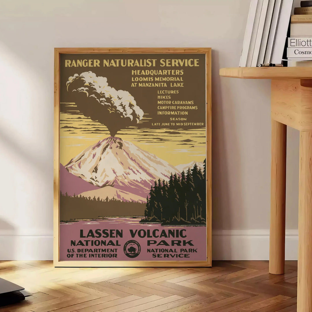 A serene landscape of a national park in gray and black tones - beside a round wooden side table with books