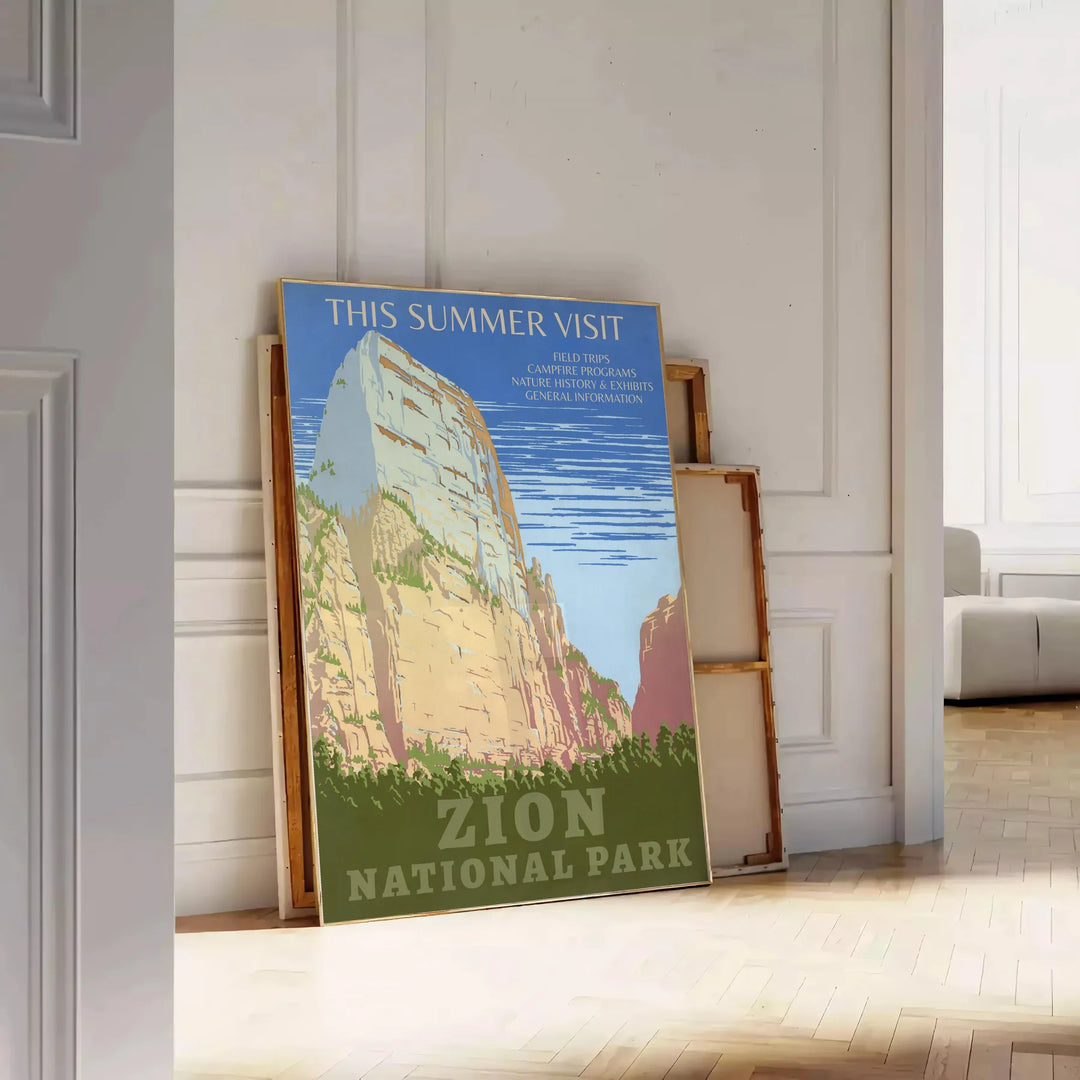 A serene landscape featuring lush green trees and earthy brown mountains in a national park. - leaning on a herringbone floor against a white panelled wall