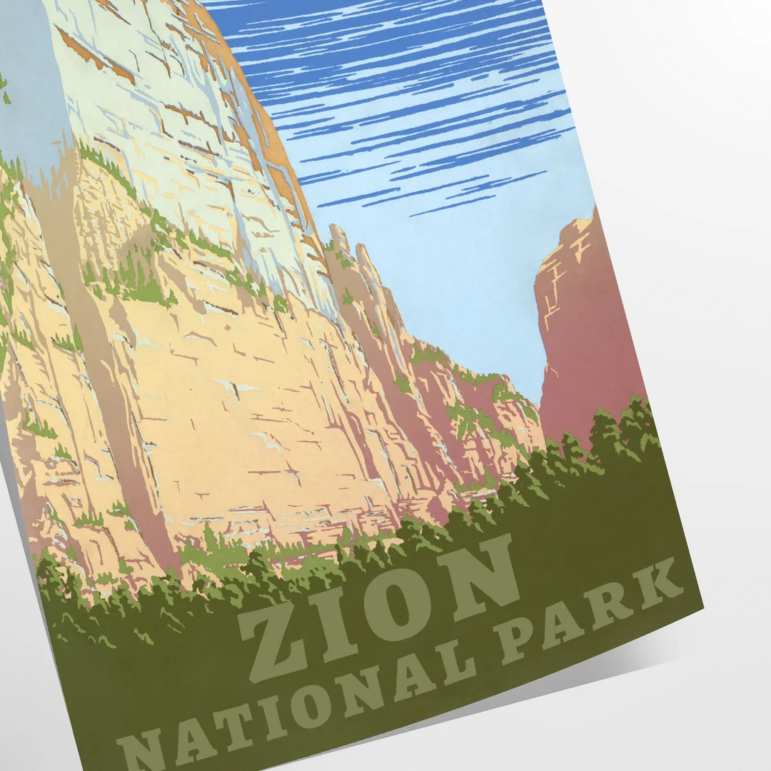 A serene landscape featuring lush green trees and earthy brown mountains in a national park. - as a rolled, unframed print