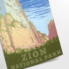 A serene landscape featuring lush green trees and earthy brown mountains in a national park. - as a rolled, unframed print