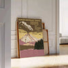Illustration of a national park with mountains and trees in muted colors - leaning on a herringbone floor against a white panelled wall