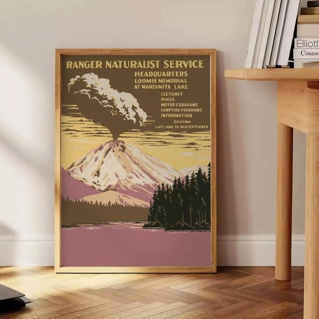 Illustration of a national park with mountains and trees in muted colors - beside a round wooden side table with books