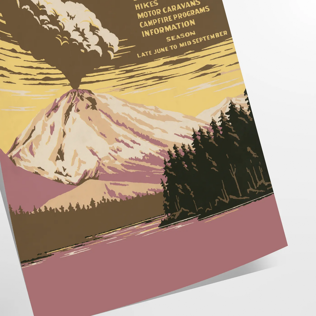 Illustration of a national park with mountains and trees in muted colors - as a rolled, unframed print