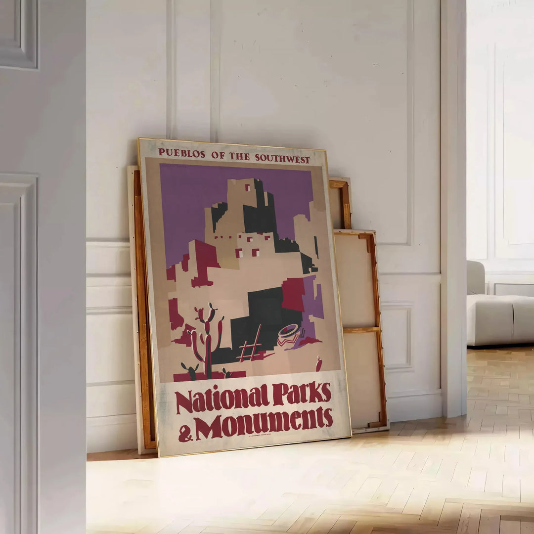 Illustration of national parks with green landscapes and earthy tones - leaning on a herringbone floor against a white panelled wall