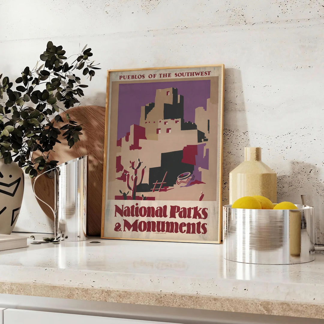Illustration of national parks with green landscapes and earthy tones - styled on a counter with eucalyptus and a bowl of lemons