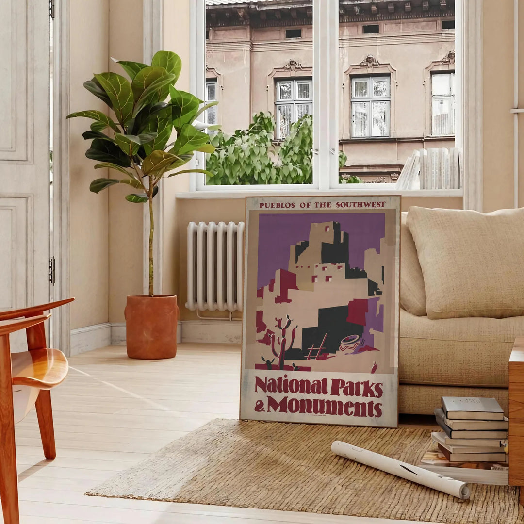 Illustration of national parks with green landscapes and earthy tones - in a Parisian living room with a sofa and a fig plant