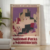 Illustration of national parks with green landscapes and earthy tones - in a bright minimalist room with a plant and an armchair