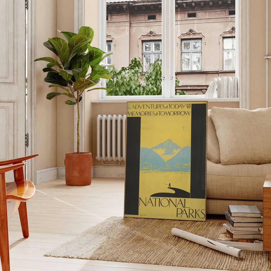 Illustration of national parks with lush greenery and sunny yellow accents - in a Parisian living room with a sofa and a fig plant