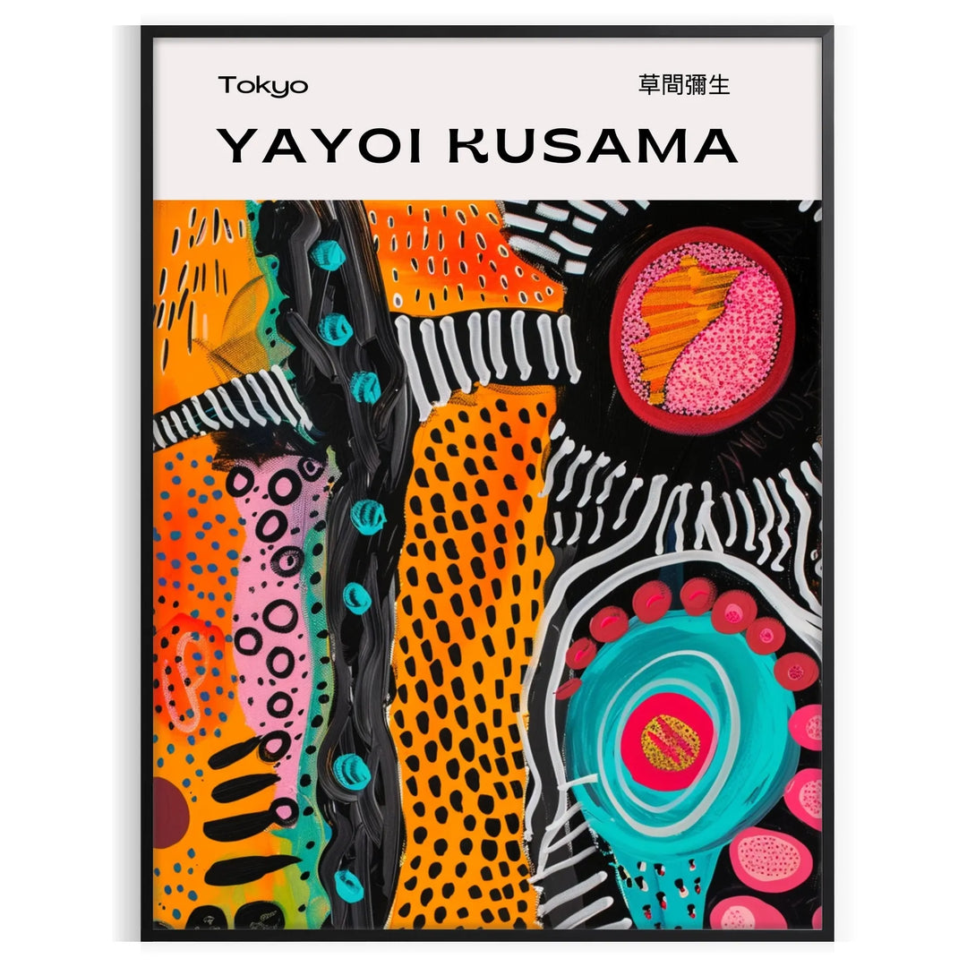 Abstract nature scene with polka dots in orange and green by Yayoi Kusama