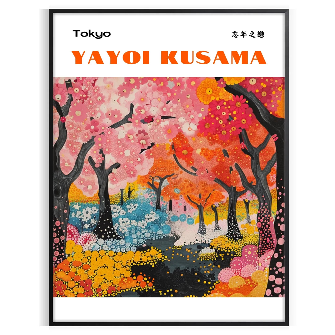 Abstract nature scene with polka dots in orange and green by Yayoi Kusama