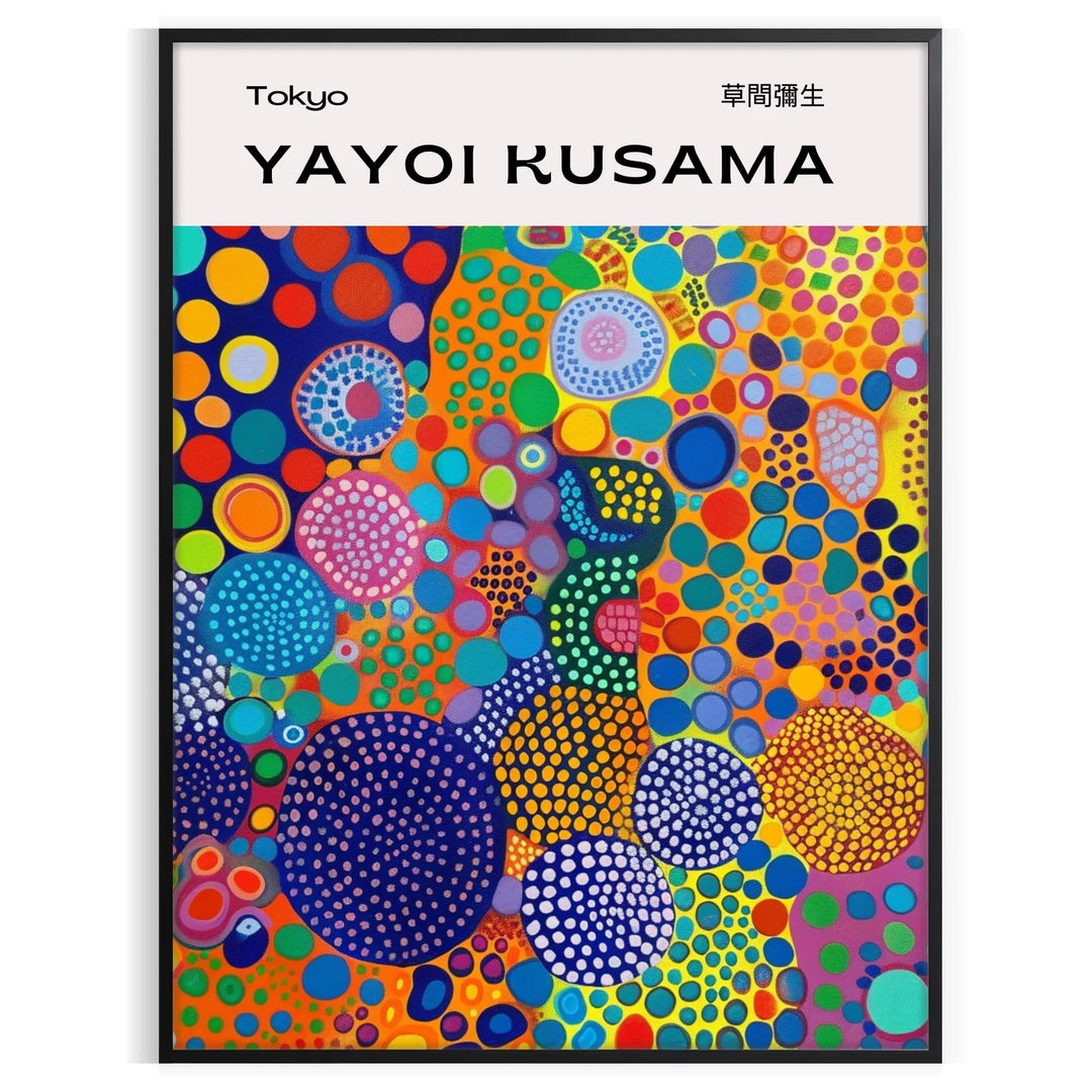 Abstract nature scene in Yayoi Kusama's iconic polka dot style with blue and earthy tones