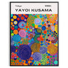 Abstract nature scene in Yayoi Kusama's iconic polka dot style with blue and earthy tones - in a black frame