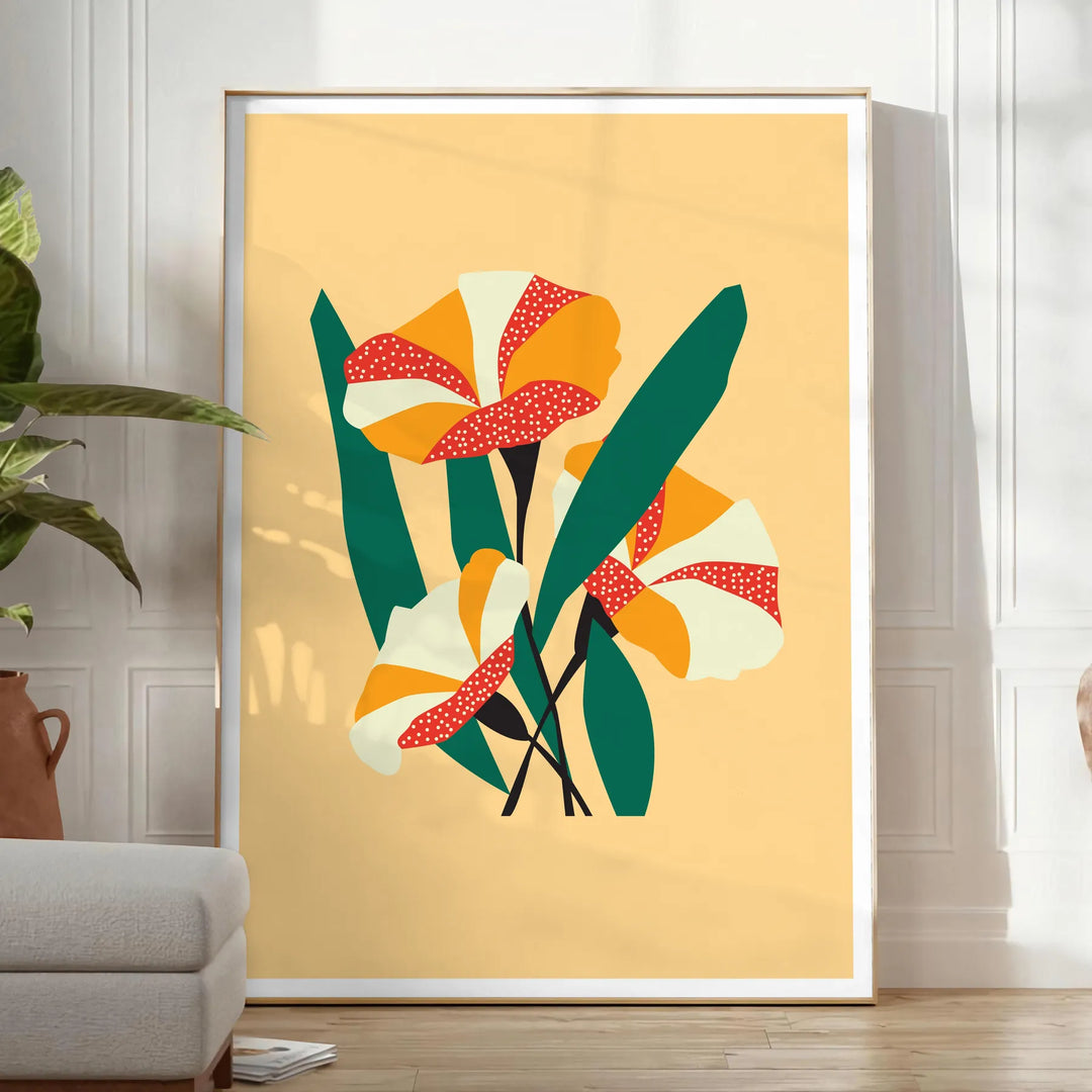 Representación abstracta de la naturaleza con tonos verdes y naranjas - en una habitación luminosa y minimalista con planta y sillón