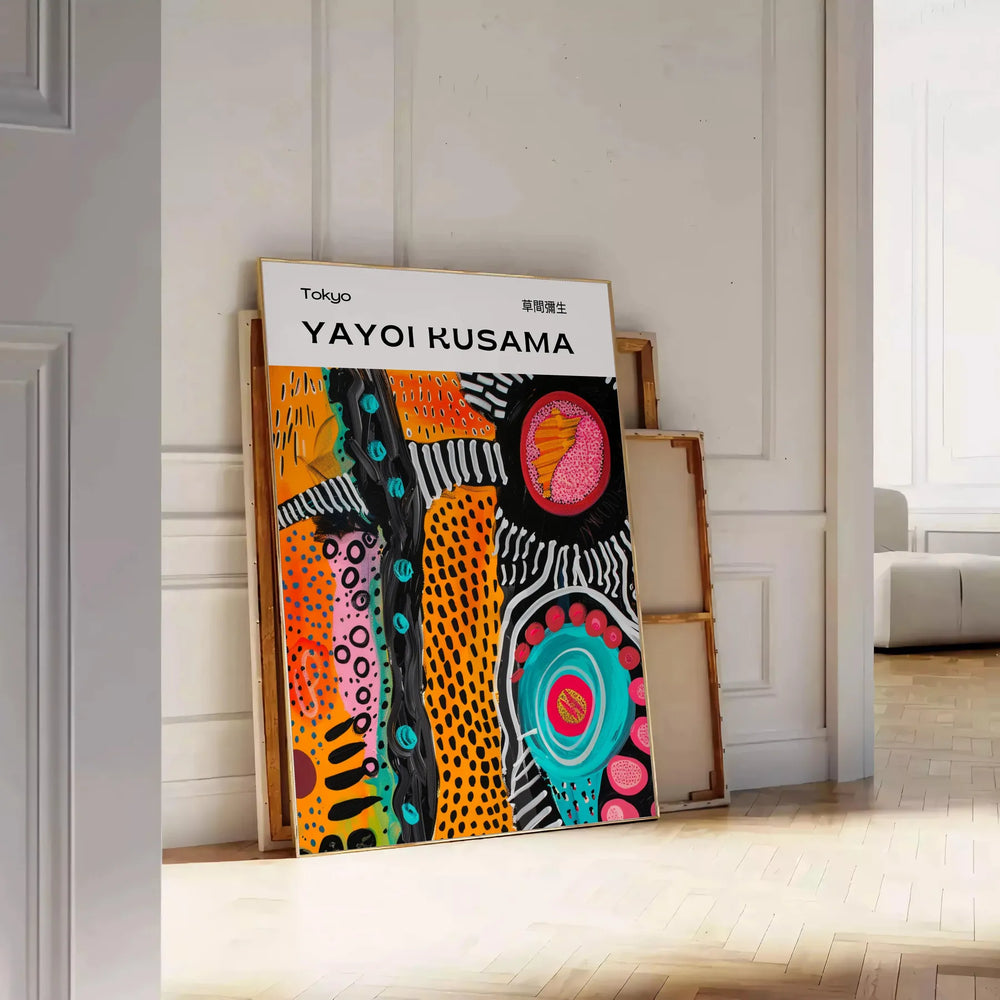 Abstract nature scene with polka dots in orange and green by Yayoi Kusama