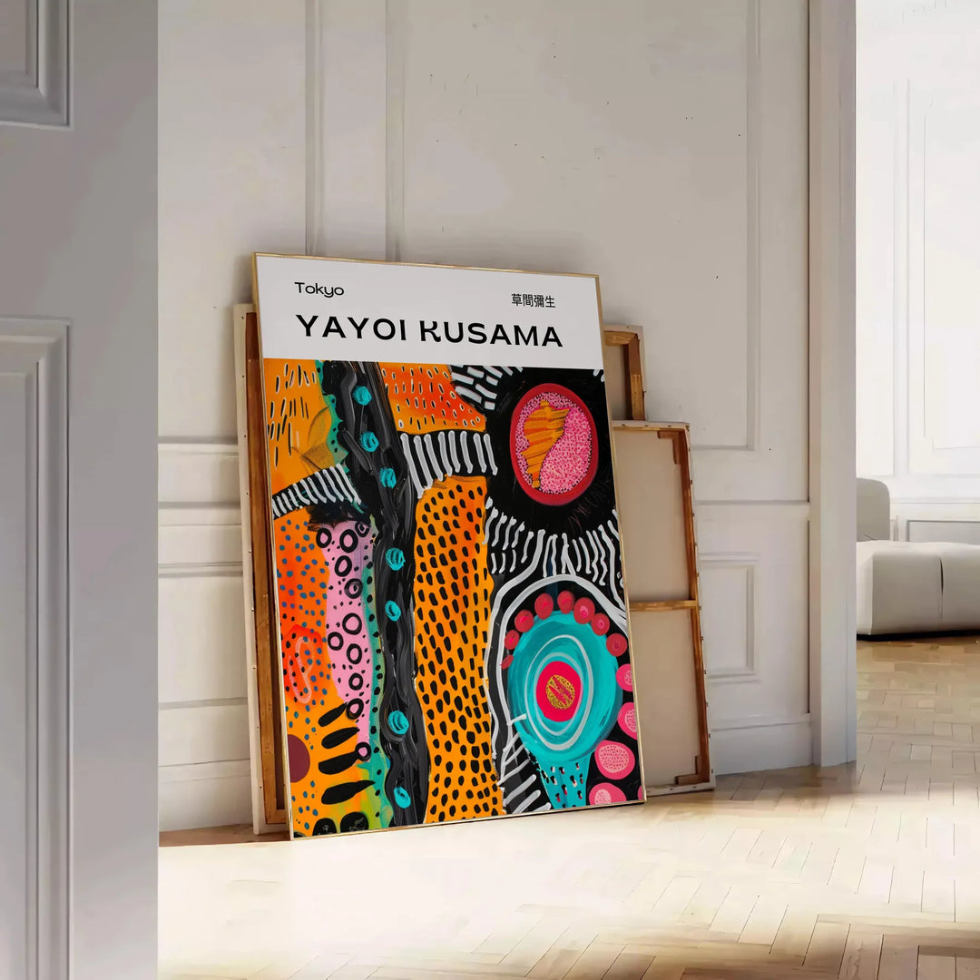 Abstract nature scene with polka dots in orange and green by Yayoi Kusama - leaning on a herringbone floor against a white panelled wall
