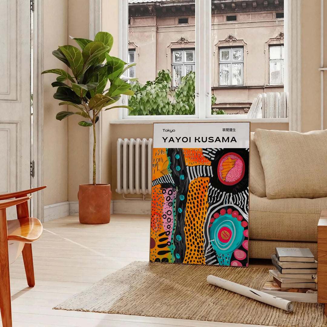 Abstract nature scene with polka dots in orange and green by Yayoi Kusama - in a Parisian living room with a sofa and a fig plant