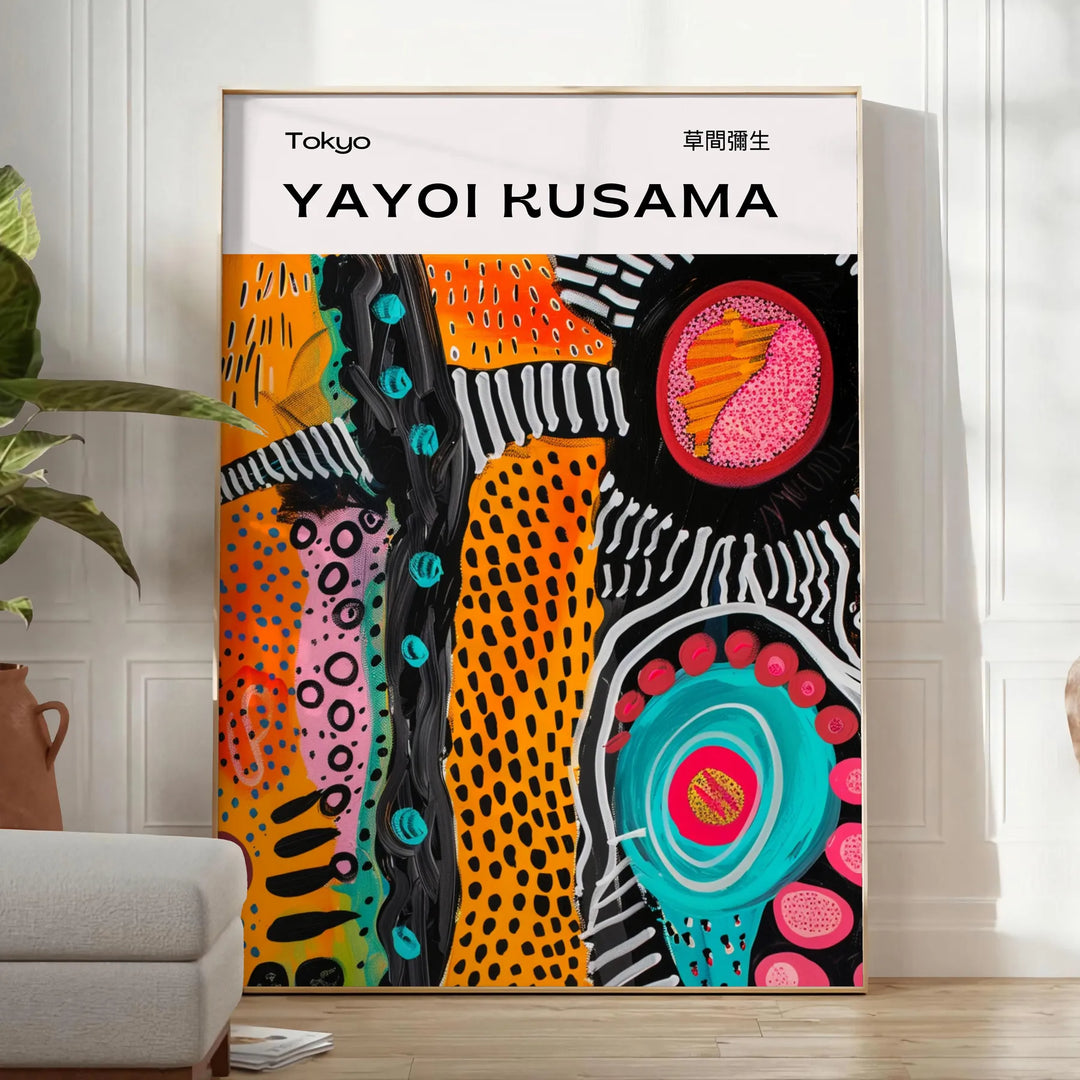 Abstract nature scene with polka dots in orange and green by Yayoi Kusama - in a bright minimalist room with a plant and an armchair