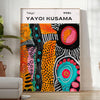 Abstract nature scene with polka dots in orange and green by Yayoi Kusama - in a bright minimalist room with a plant and an armchair