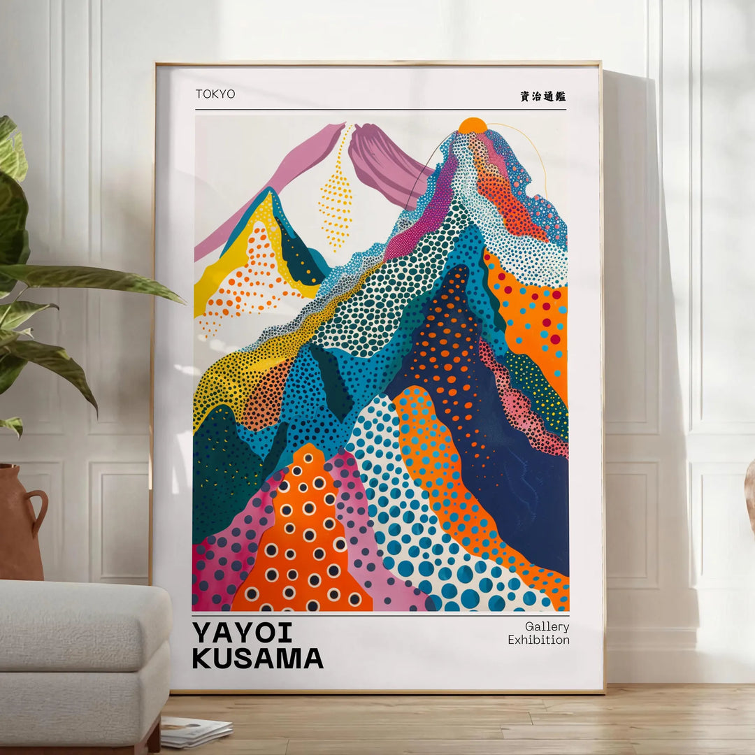Colorful abstract nature scene by Yayoi Kusama featuring blue and orange patterns - in a bright minimalist room with a plant and an armchair
