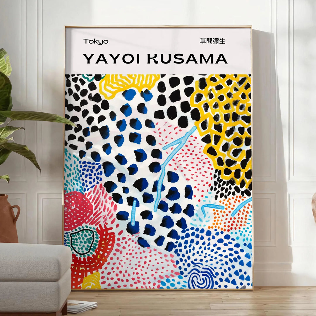 Colorful abstract nature scene by Yayoi Kusama with polka dots - in a bright minimalist room with a plant and an armchair