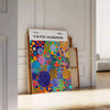 Abstract nature scene in Yayoi Kusama's iconic polka dot style with blue and earthy tones - leaning on a herringbone floor against a white panelled wall