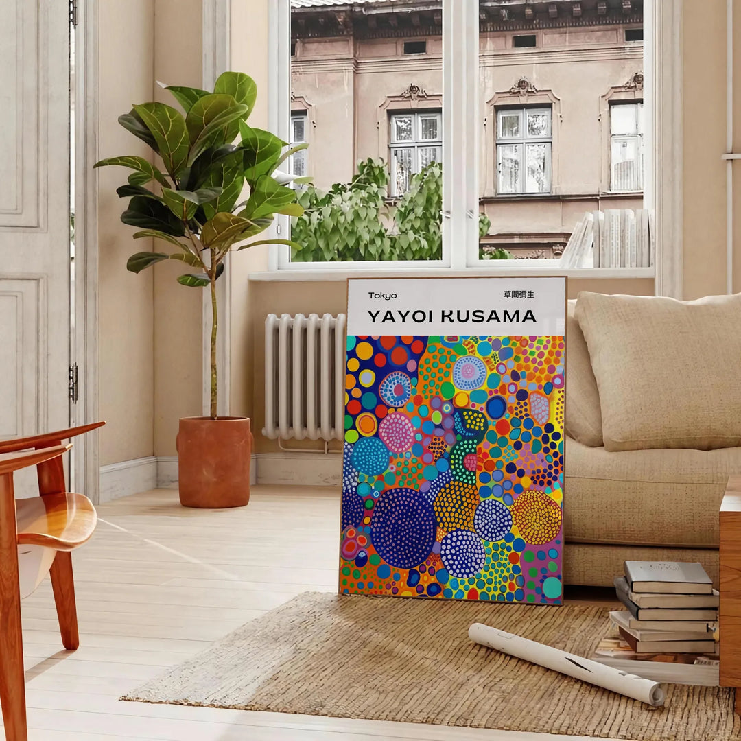 Abstract nature scene in Yayoi Kusama's iconic polka dot style with blue and earthy tones - in a Parisian living room with a sofa and a fig plant