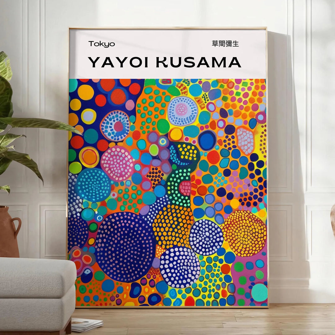 Abstract nature scene in Yayoi Kusama's iconic polka dot style with blue and earthy tones - in a bright minimalist room with a plant and an armchair