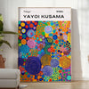 Abstract nature scene in Yayoi Kusama's iconic polka dot style with blue and earthy tones - in a bright minimalist room with a plant and an armchair