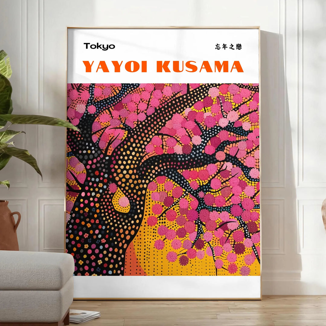 Abstract nature scene with polka dots in black and brown by Yayoi Kusama - in a bright minimalist room with a plant and an armchair