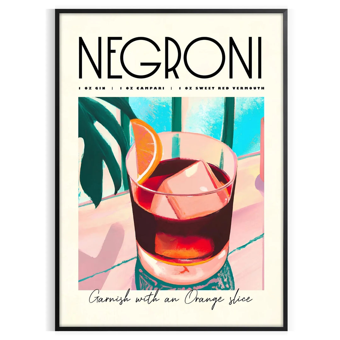Illustration of a Negroni cocktail with orange and blue accents