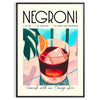 Illustration of a Negroni cocktail with orange and blue accents - in a black frame