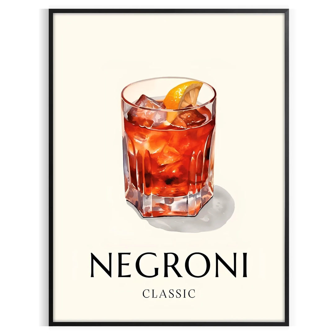 Illustration of a Negroni cocktail in a sleek glass, with orange and black colors