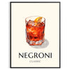 Illustration of a Negroni cocktail in a sleek glass, with orange and black colors - in a black frame