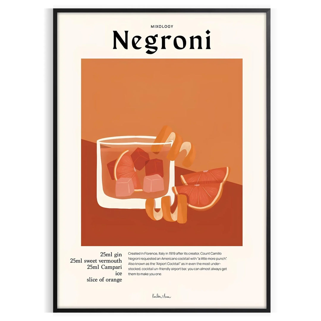 Illustration of a Negroni cocktail in orange and black tones