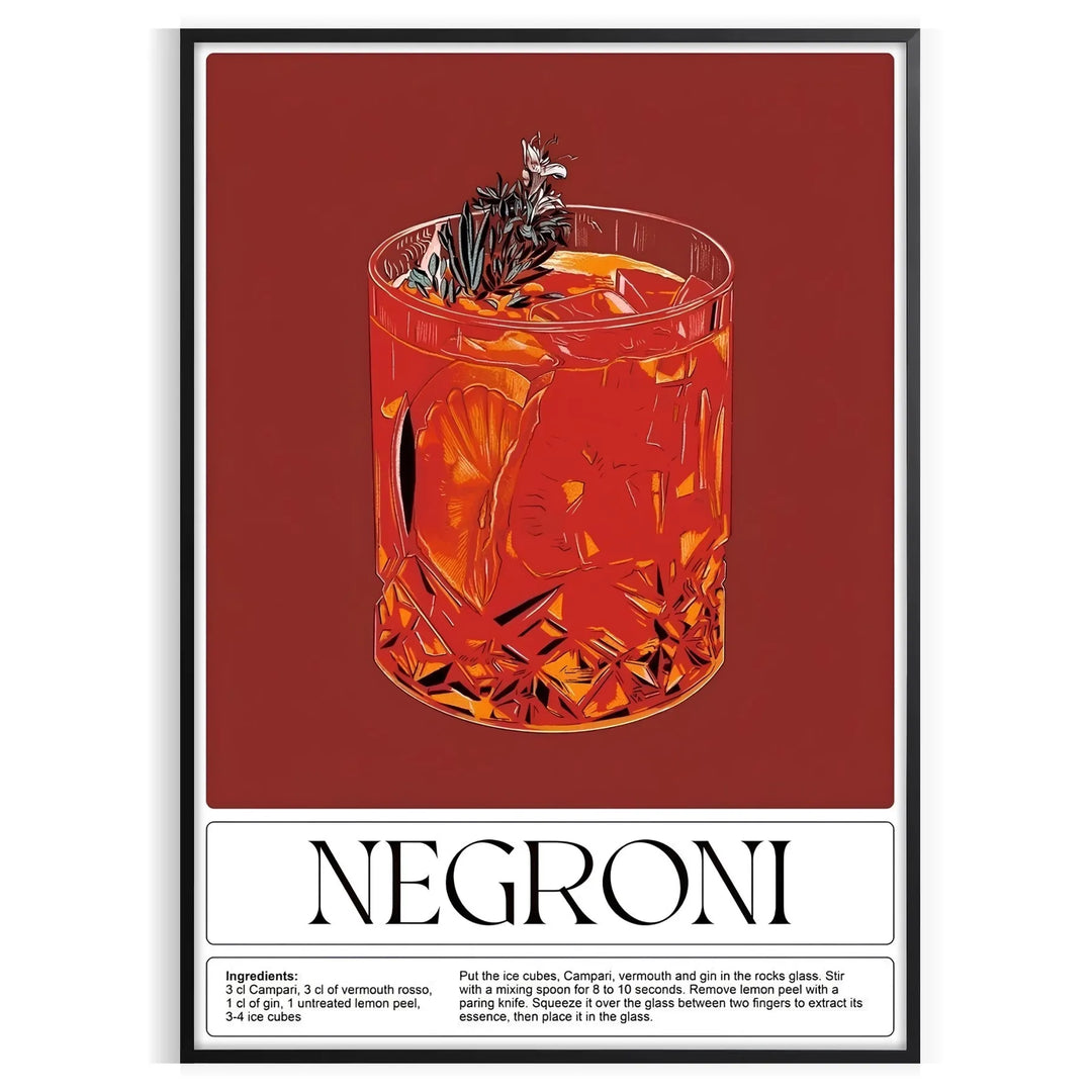 A colorful illustration of a Negroni cocktail in a glass with orange garnish