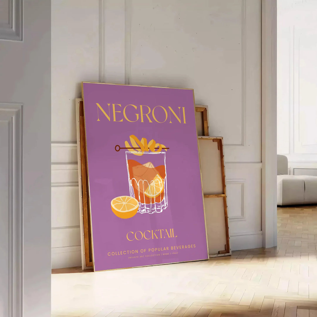 Illustration of a Negroni cocktail with orange and yellow hues - leaning on a herringbone floor against a white panelled wall