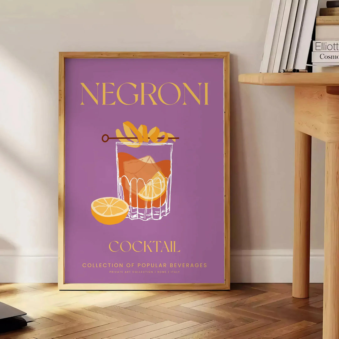 Illustration of a Negroni cocktail with orange and yellow hues - beside a round wooden side table with books