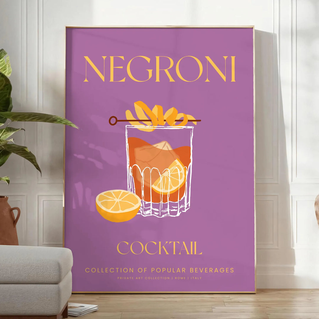 Illustration of a Negroni cocktail with orange and yellow hues - in a bright minimalist room with a plant and an armchair
