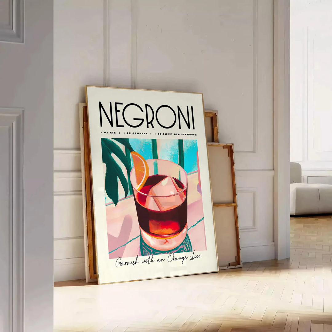 Illustration of a Negroni cocktail with orange and blue accents - leaning on a herringbone floor against a white panelled wall